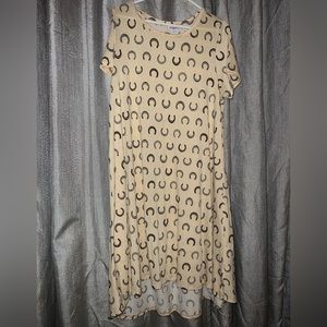 Lularoe Carly high low swing dress pale yellow with black horseshoes size xl